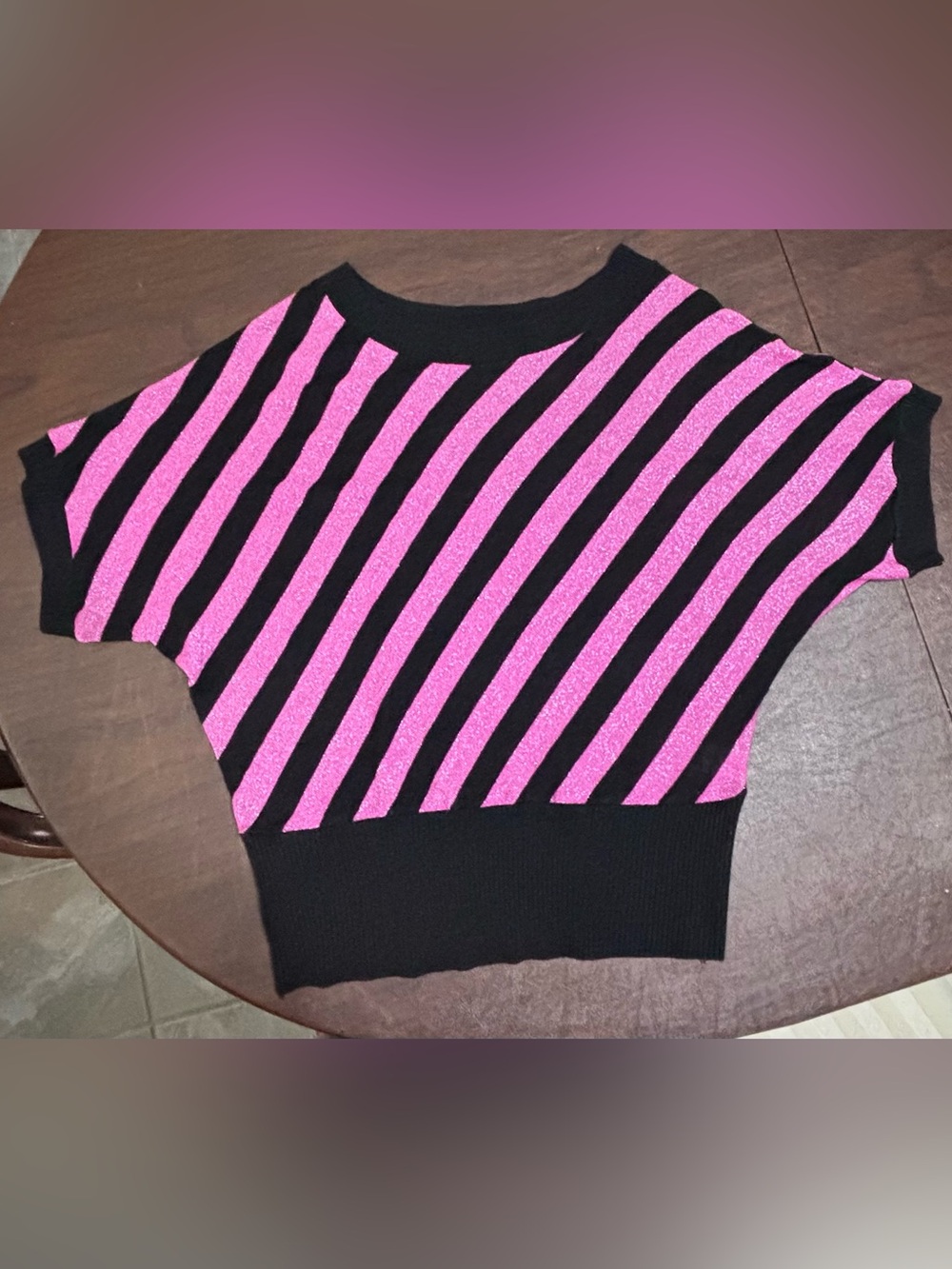 Signature Studio Y2K Pink & Black Striped Dolman Sweater Top - Shimmer Detail